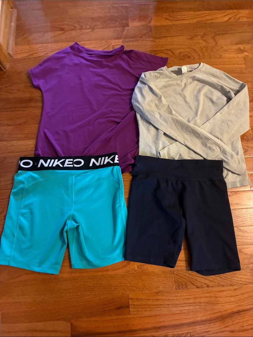 Nike Turquoise And Dark Blue Bike Shorts with Purple Tee & Gray Long-Sleeve Top